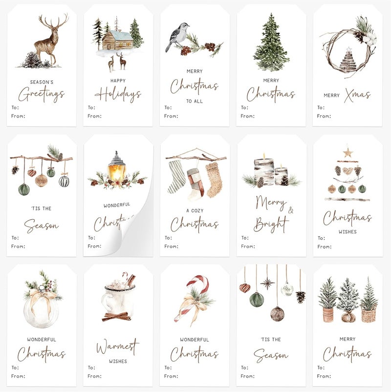 AUDREE 210 Pcs Christmas Gift Tags Sticker - Self Adhesive Woodland Watercolor Holiday Gift Tags - Christmas Name Tags Label Stickers for Xmas Presents, Cards, Boxes, Wrapping & DIY Crafts - Image 1